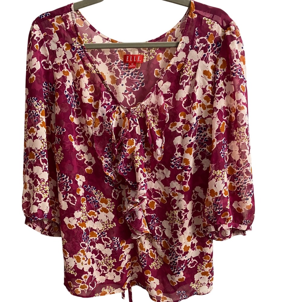 Elle Magenta Floral Ruffle V-Neck Blouse 2X 3/4 Sleeve Tie Back Sheer Top‎